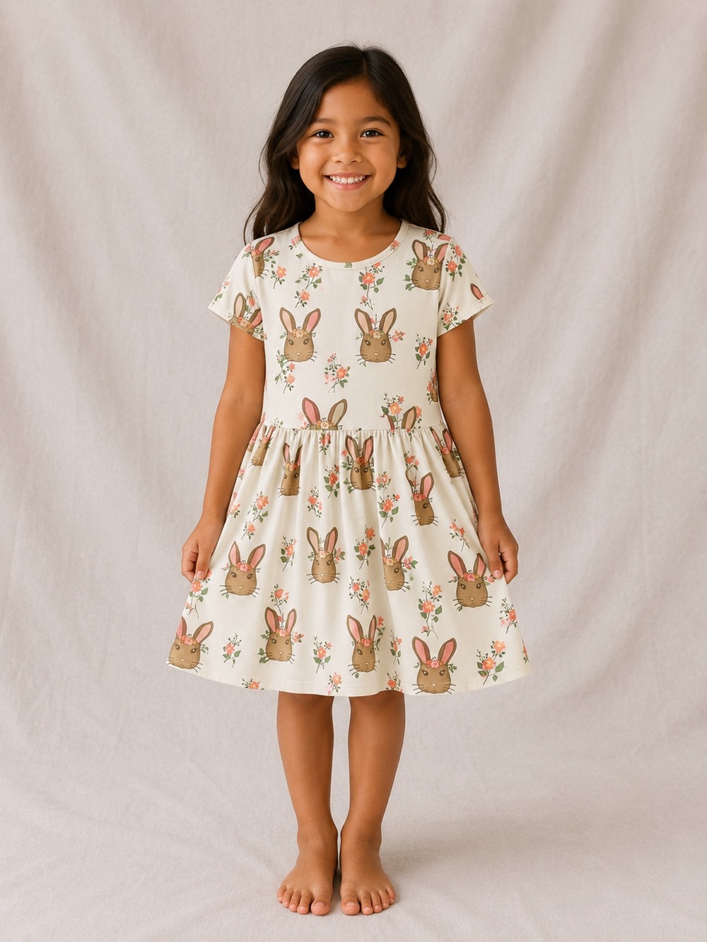 Girls' White Bunny Print Casual Dress - Cute Floral Design